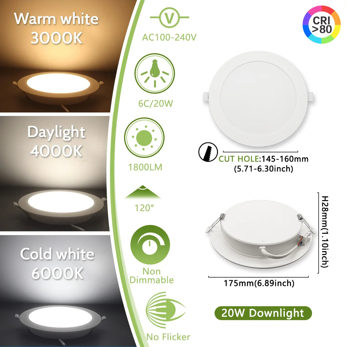 2-Pack LED Recessed Downlight 6W-24W 3-CCT AC 100-240V Ceiling Spot Warm Natural Cool White