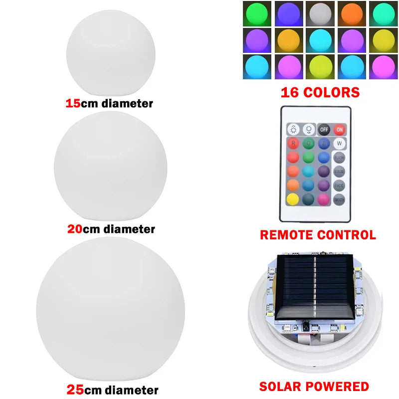 Solar LED Floating Ball Light 16 Color Remote Control IP65 8cm Vinyl Pool Garden Outdoor Night Light