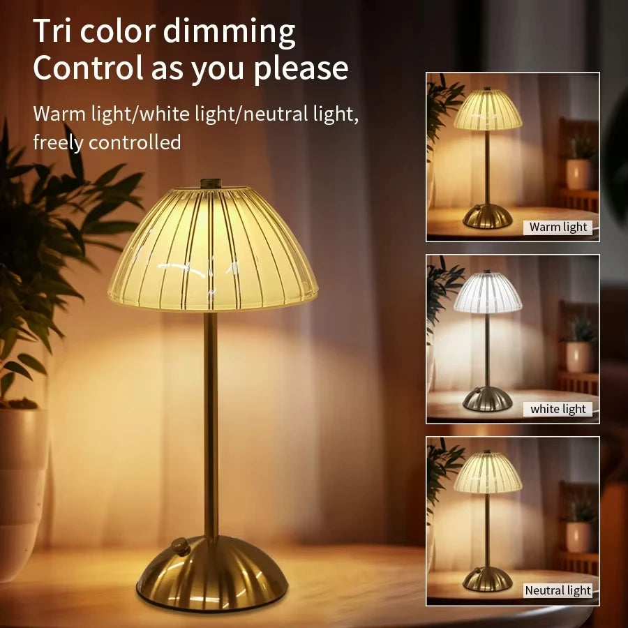 Crystal LED Rechargeable Table Lamp 3W Touch Dimmable 3 Color Temperatures USB-C Iron Base PMMA Shade IP20 Bedroom Bedside
