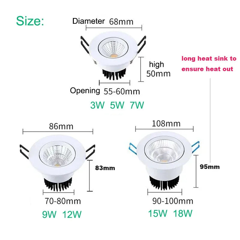 Dimmable COB LED Recessed Downlight 5W 7W 9W 12W 15W 18W Adjustable Angle Aluminum AC 85-265V Warm White Natural White Cool White Black White Silver