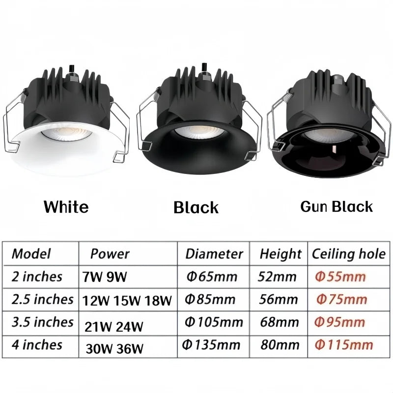 IP65 Waterproof COB LED Recessed Downlight 7W 9W 12W 15W 18W 21W 24W 30W 36W Die Cast Aluminum CRI 85 24 Degree AC 85-265V Driver Included
