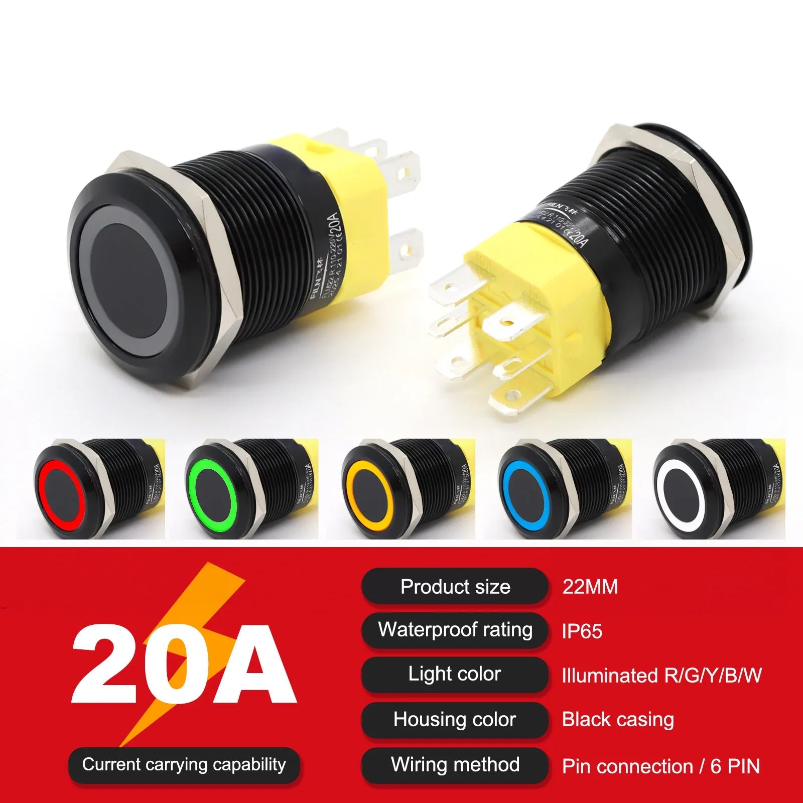 IP68 Waterproof Stainless Steel Push Button Switch 19mm 22mm 20A Momentary LED 12V 24V 110V 220V 4 Pin 20cm Wire 5 Colors