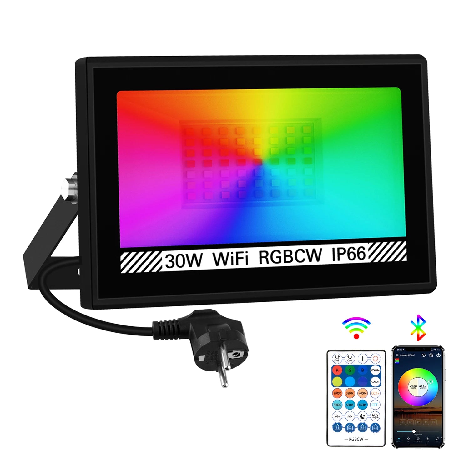 RGBCW Smart LED Flood Light 30W 60W 100W App Remote IP66 US Plug 110-130V Outdoor Garden