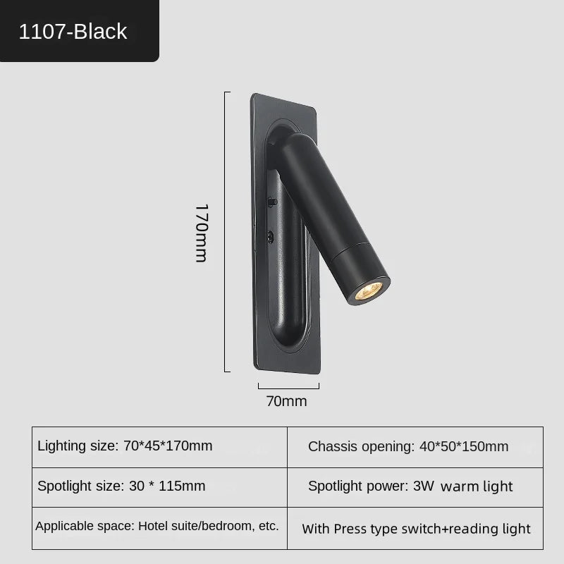 Recessed LED Reading Wall Lamp 3W 35 Degree USB 5V 2.1A Charging Port Toggle Switch Aluminum 80 x 40 x 185mm AC 85-265V Bedroom Hotel Black Copper