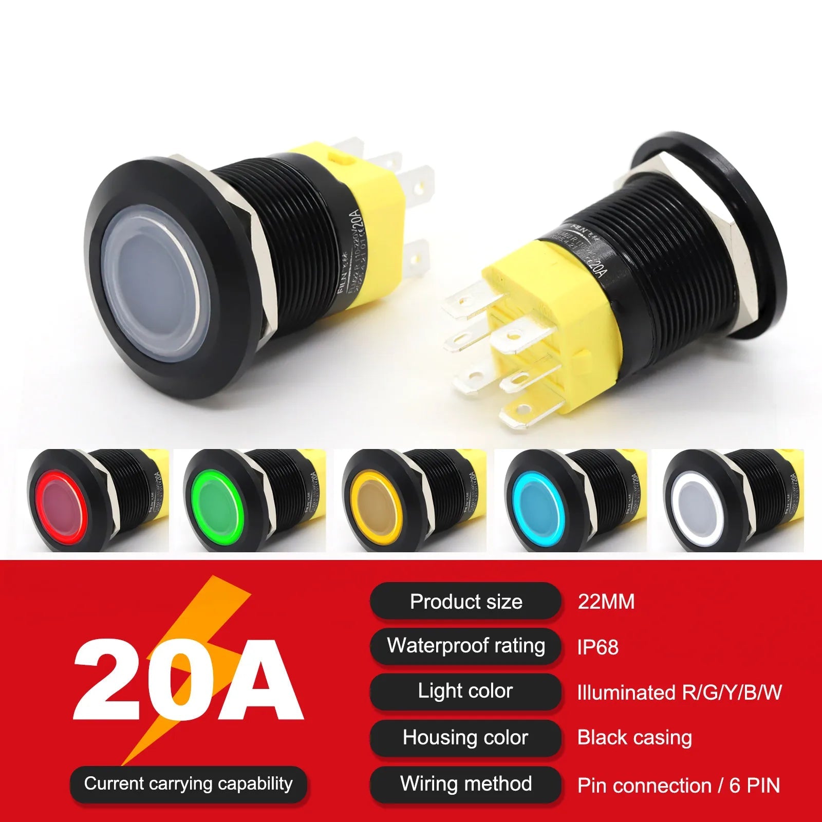 IP68 Waterproof Stainless Steel Push Button Switch 19mm 22mm 20A Momentary LED 12V 24V 110V 220V 4 Pin 20cm Wire 5 Colors