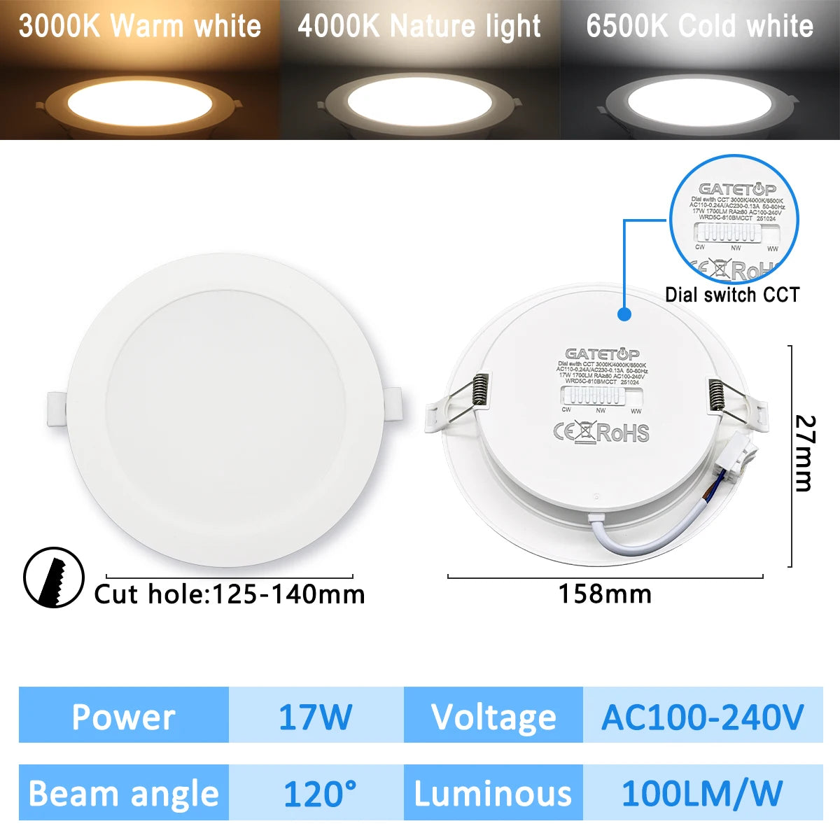3-CCT LED Recessed Downlight 3000K 4000K 6500K Dial Switch AC 110-240V 1-10 Pack