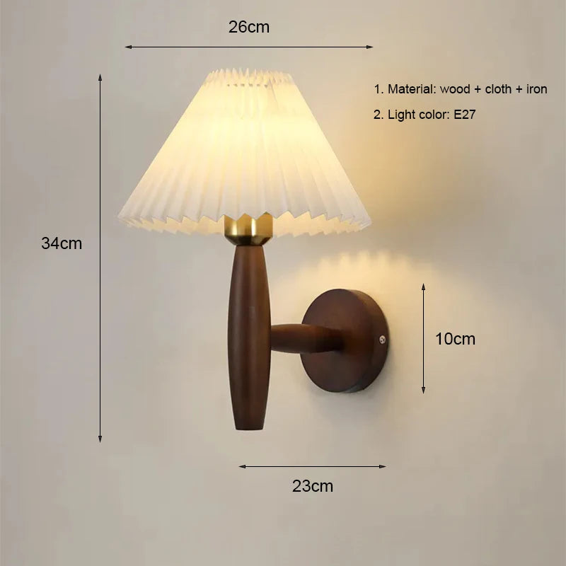 Nordic Wood LED Wall Sconce E26 Single Head Fabric Shade Downlight AC 110-220V Bedroom Living Room Bedside Yellow Brown