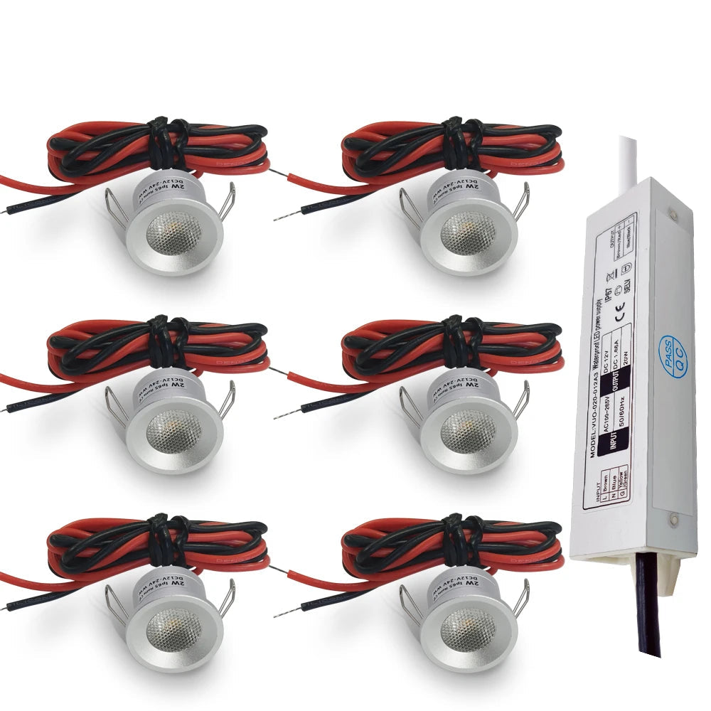 IP65 Mini LED Recessed Downlight 2W DC 12V 25mm Cutout 60 Degree Aluminum Silver Nickel Finish Cabinet Stair RV Caravan