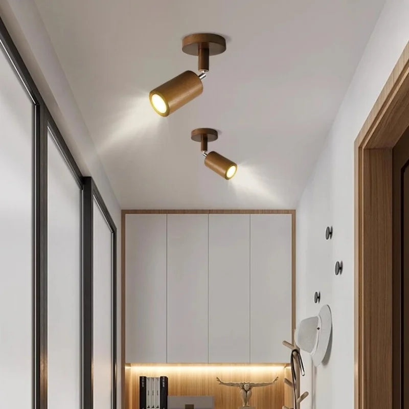 Japanese Minimalist Wood Cylinder LED Ceiling Spotlight Rotatable Surface Mount AC 90-260V