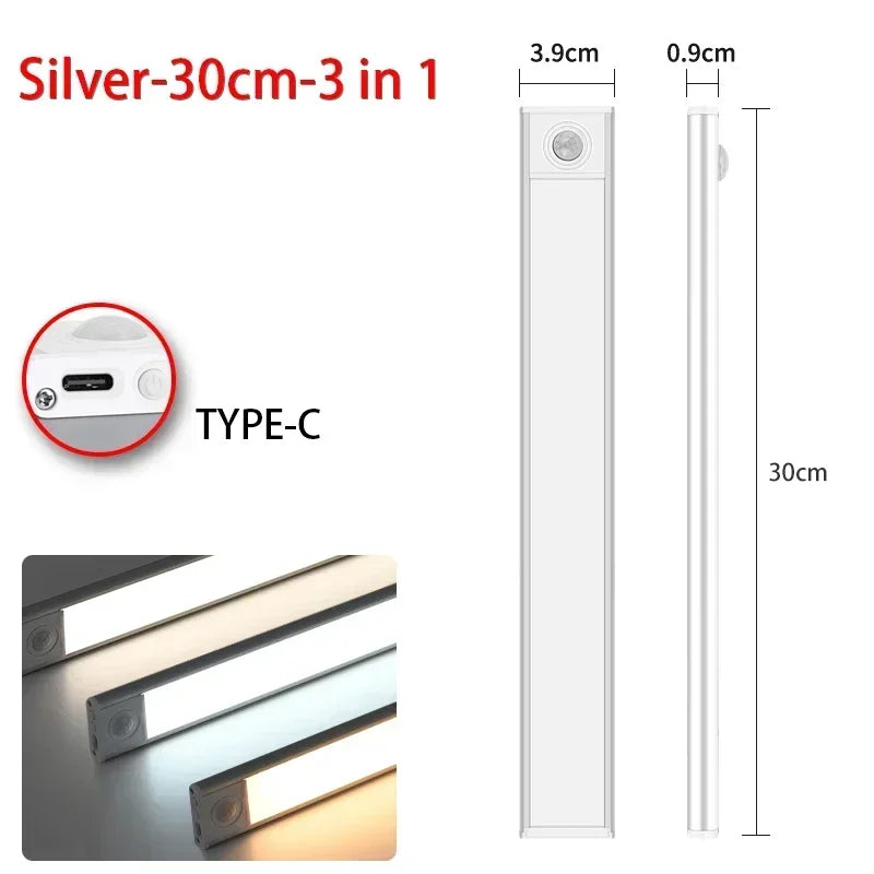 Ultra Thin Rechargeable LED Under Cabinet Light Motion Sensor 54 LED 3 Color Temperatures Stepless Dimming Magnetic Mount Type-C 20cm to 60cm