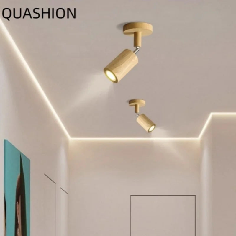 Japanese Minimalist Wood Cylinder LED Ceiling Spotlight Rotatable Surface Mount AC 90-260V
