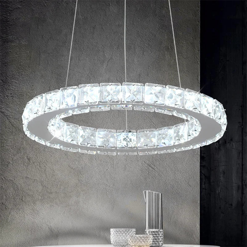 Luxury Ring LED Chandelier Pendant Light Stainless Steel Crystal Flush Mount Knob Dimmable Living Room Dining Room AC 90-260V