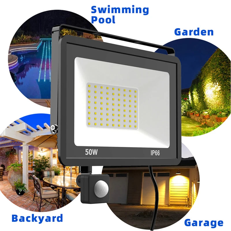 PIR Motion Sensor LED Flood Light 10W 20W 30W 50W 100W IP66 6000K AC 110-240V Outdoor
