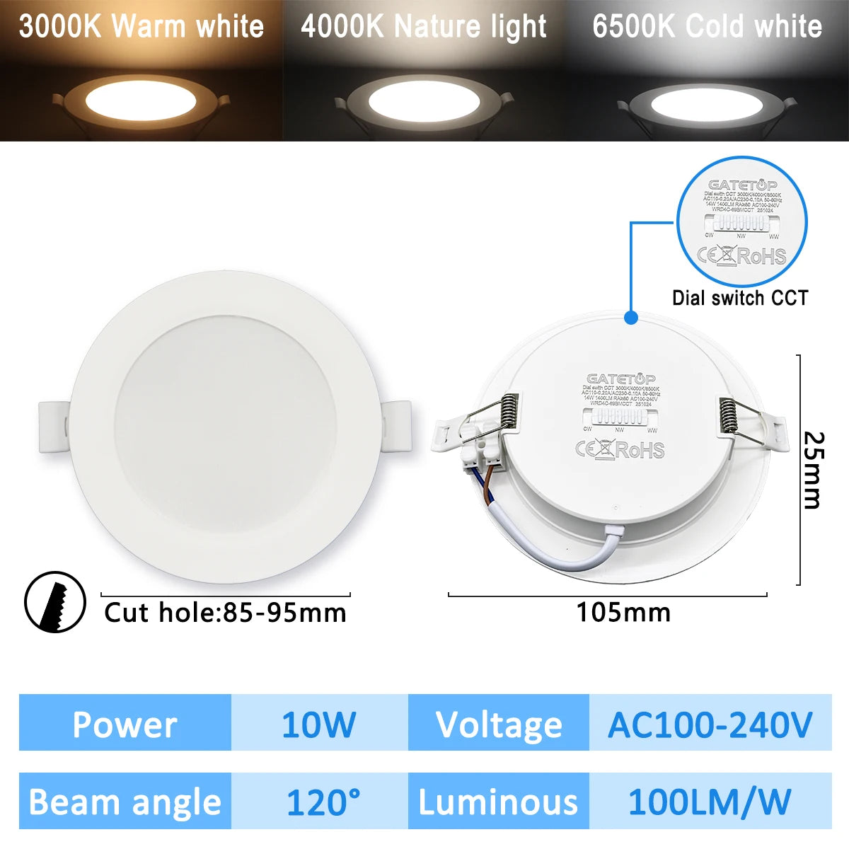 3-CCT LED Recessed Downlight 3000K 4000K 6500K Dial Switch AC 110-240V 1-10 Pack