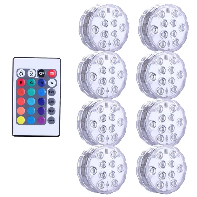 IP68 Submersible LED Pool Light 10 LED RGB 16 Colors Remote Control Battery Powered 2.4W Vase Fish Tank Pond Party 7x7x2.8cm