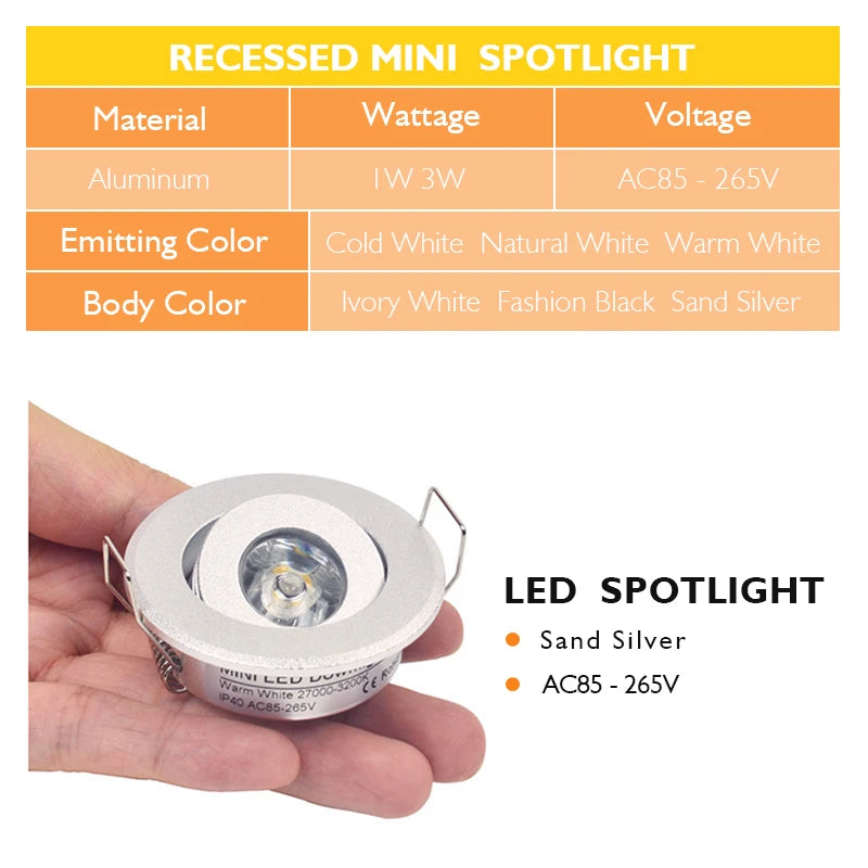 Mini Dimmable LED Recessed Downlight 1W 3W 52mm 45° CRI 80+ IP52 AC 85-265V 6 Pack