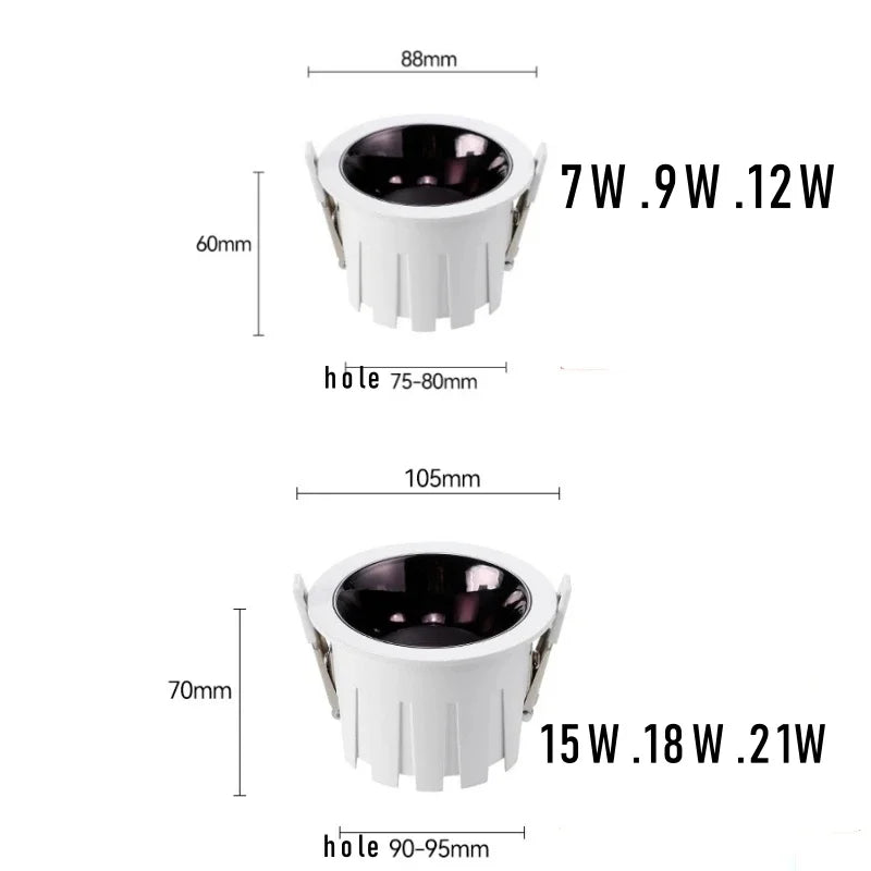 Dimmable LED Recessed Downlight 9W 12W 15W 18W 21W 120° 110lm/W AC 85-265V 3-Color