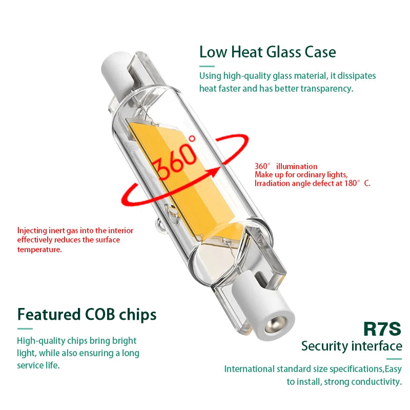 R7S COB LED Glass Tube Bulb 15W 20W 30W 50W 78mm 118mm Halogen Replacement 110-240V