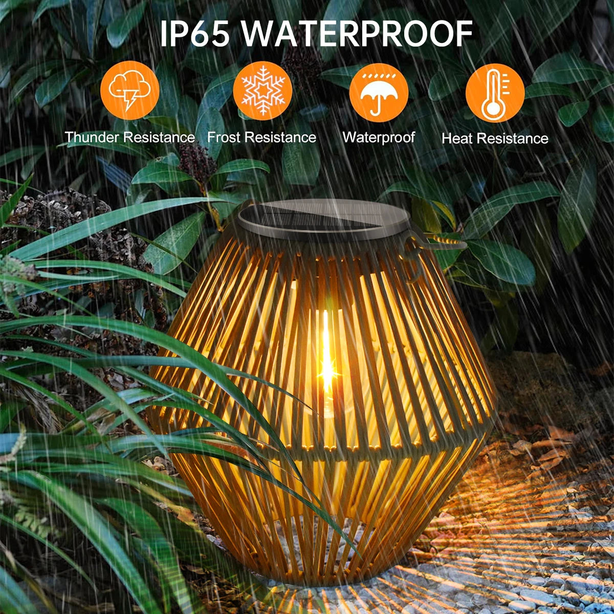 Solar Rattan Bamboo Hanging Lantern IP65 Auto Dusk-Dawn 800mAh Warm White Garden Patio