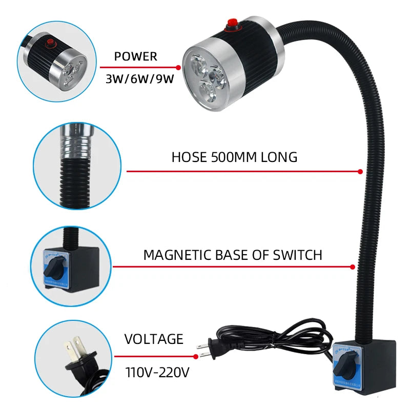 LED Machine Tool Work Light 3W 6W 9W Flexible Hose Arm Magnetic Screw Base CCC