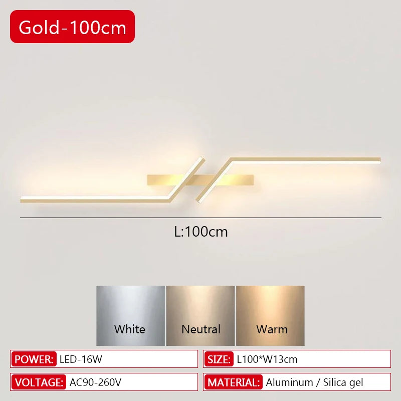 Modern LED Strip Wall Lamp 13W 15W 18W Dimmable Black Gold 60cm 80cm 100cm AC 90-260V