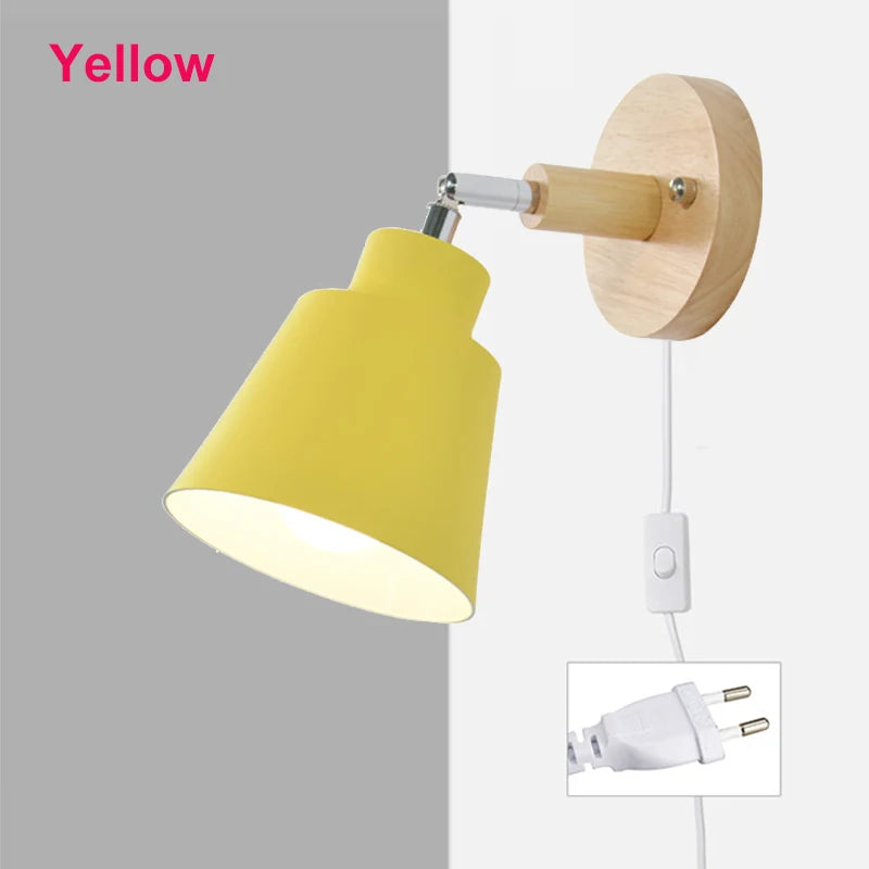 Nordic Wooden E26 E27 Wall Lamp 350-Degree Rotatable 6 Colors EU UL Plug Bedroom Living Room