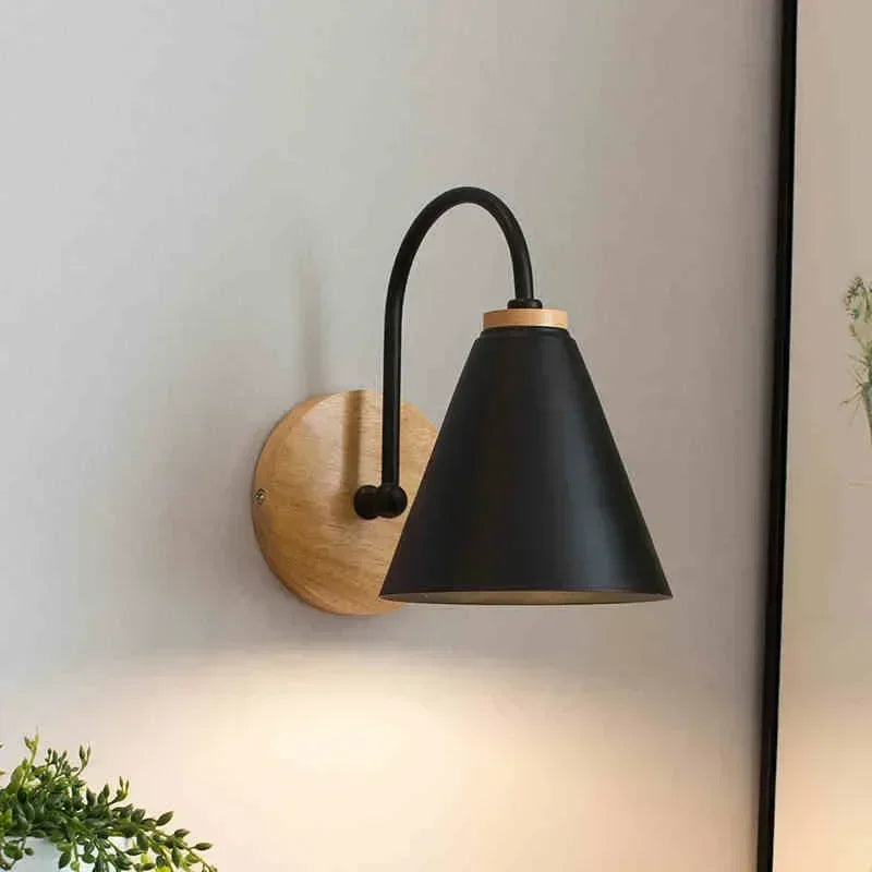 Nordic Wooden LED Wall Sconce E26 Single Head Downlight Plated Iron Shade AC 90-260V Bedroom Living Room Kitchen Black White Gray