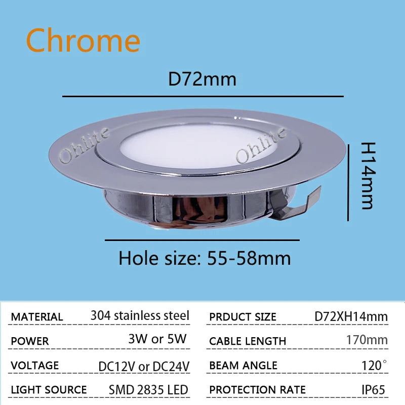 IP65 Mini Slim LED Recessed Downlight DC 12V 24V 3W 5W SMD 2835 304 Stainless Steel
