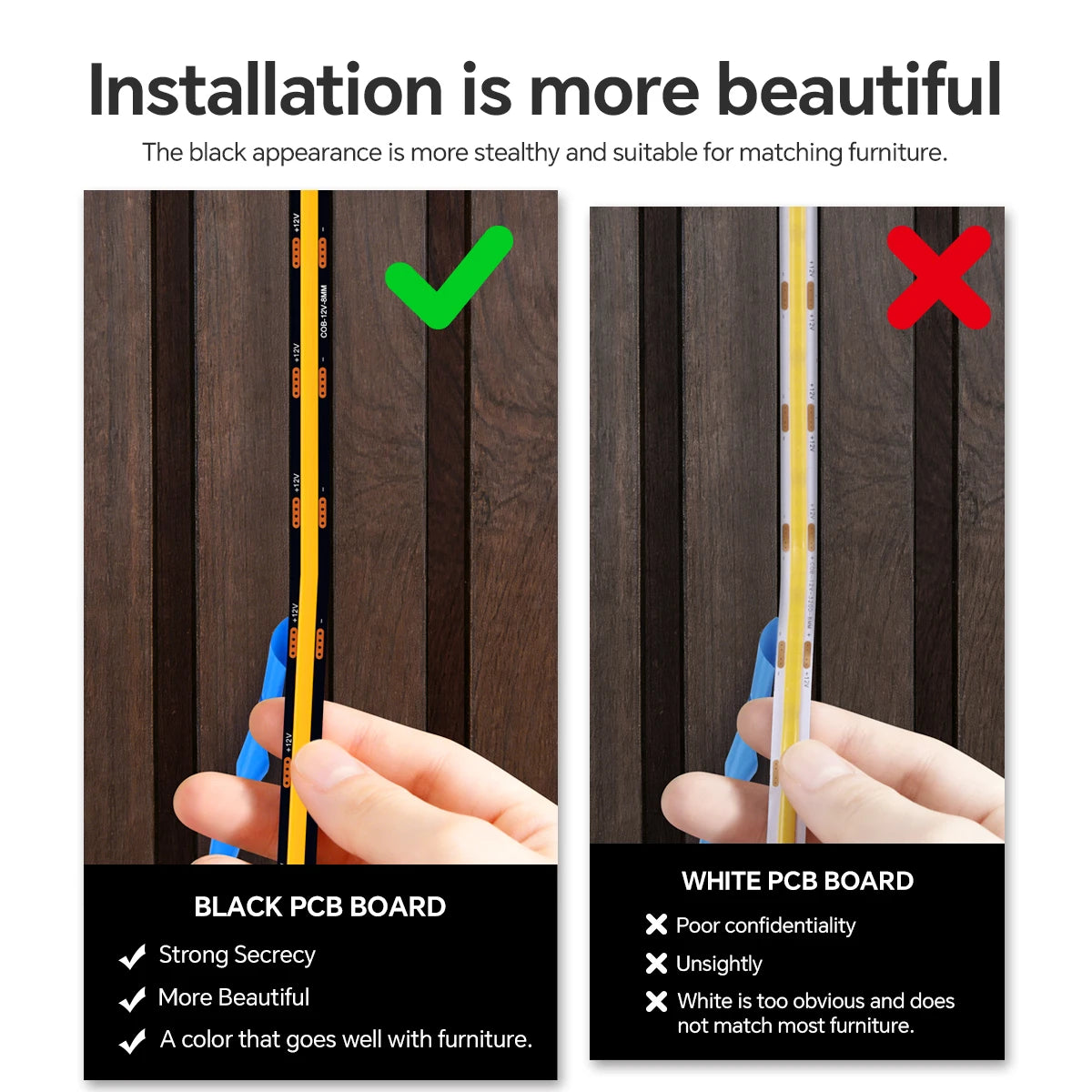 COB LED Strip Kit 8mm Black PCB 100-300cm Touch Dimmer Through-Wood AC 100-240V DC 12V