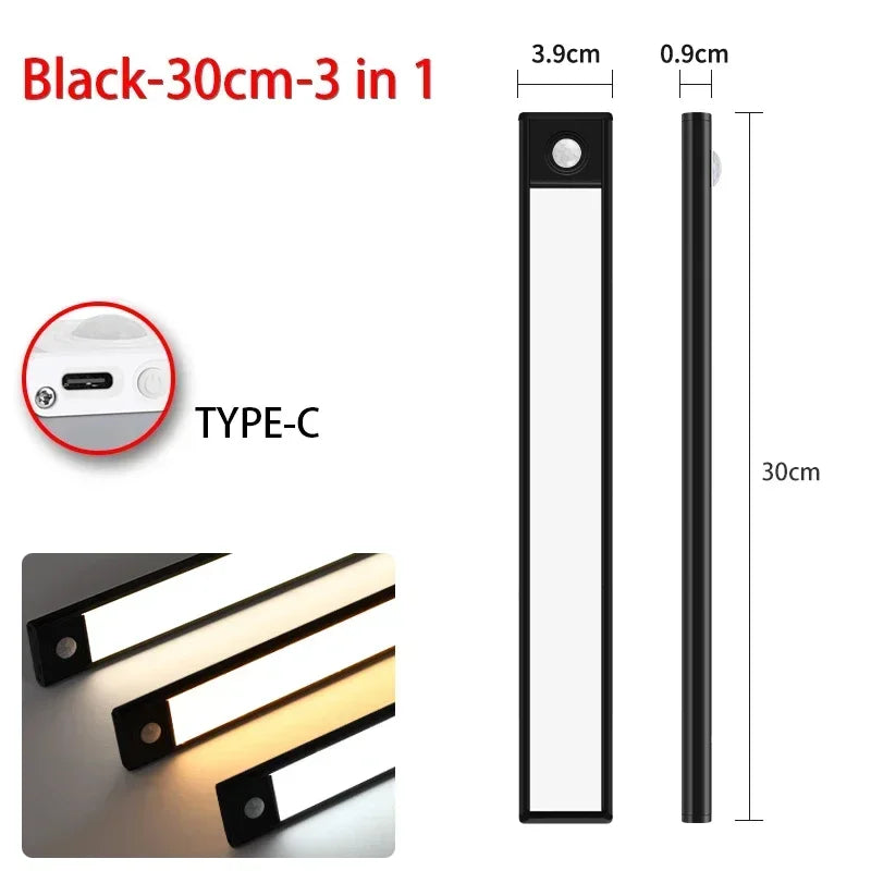 Ultra Thin Rechargeable LED Under Cabinet Light Motion Sensor 54 LED 3 Color Temperatures Stepless Dimming Magnetic Mount Type-C 20cm to 60cm