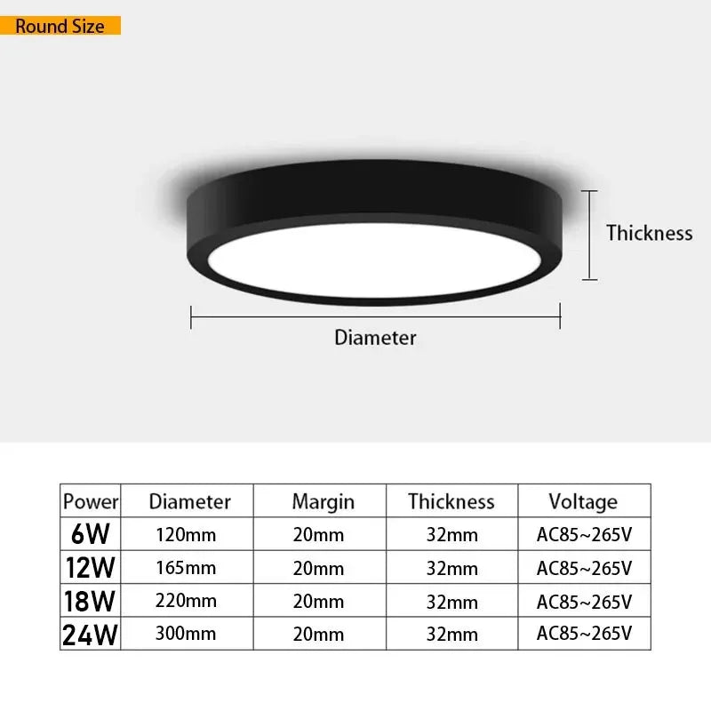 Surface-Mounted LED Ceiling Light 6W 12W 18W 24W CRI 90+ 180° IP42 AC 90-260V Round Square