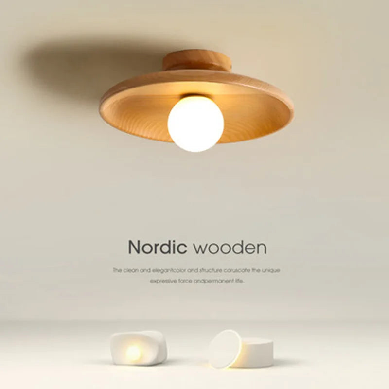 Nordic Japanese Bamboo Wood Glass LED Ceiling Lamp E26 E27 Surface Mount AC 90-260V Corridor
