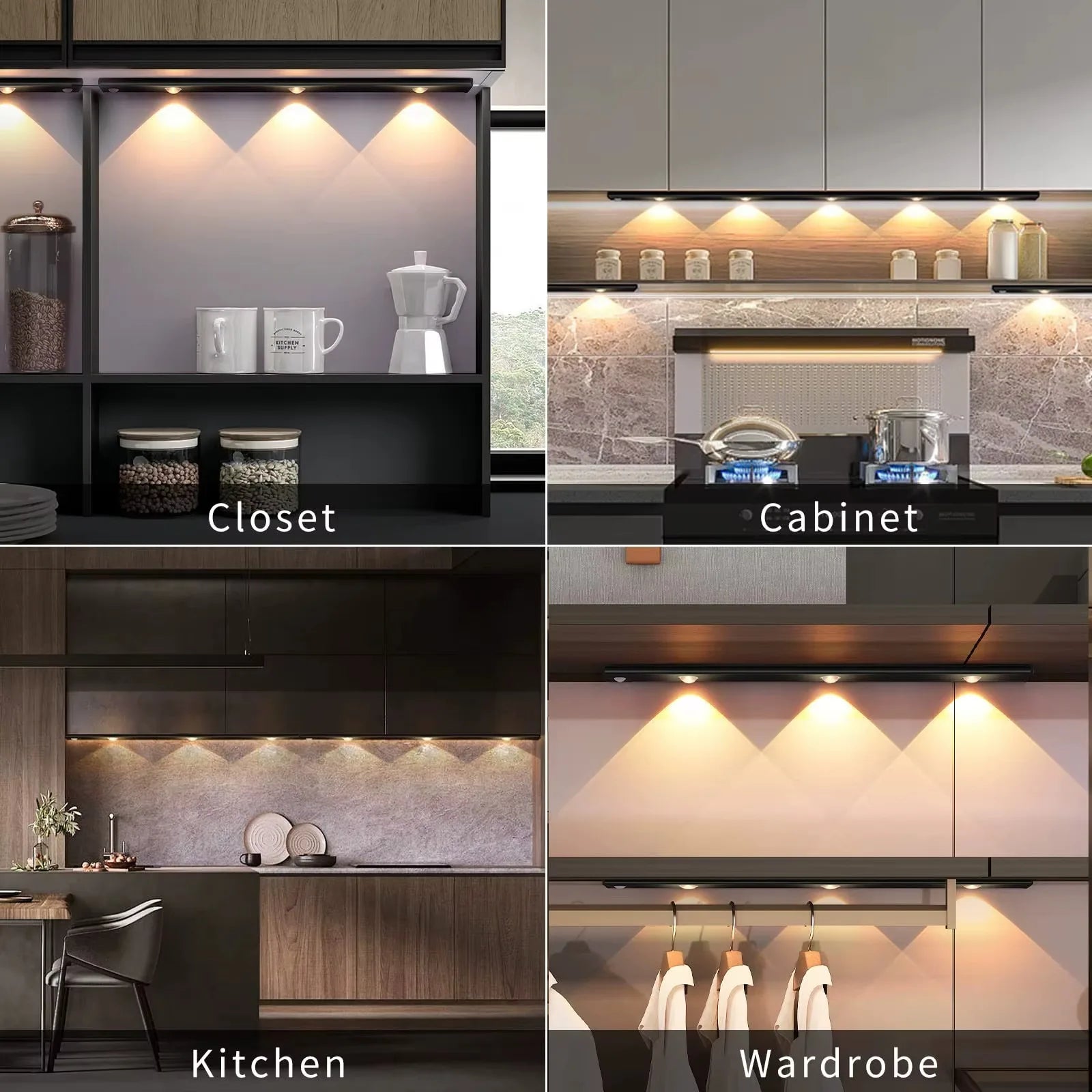 Ultra Thin Rechargeable LED Under Cabinet Light Motion Sensor 3 Color Temperatures Dimmable Magnetic USB Type-C 20cm to 50cm Kitchen Wardrobe