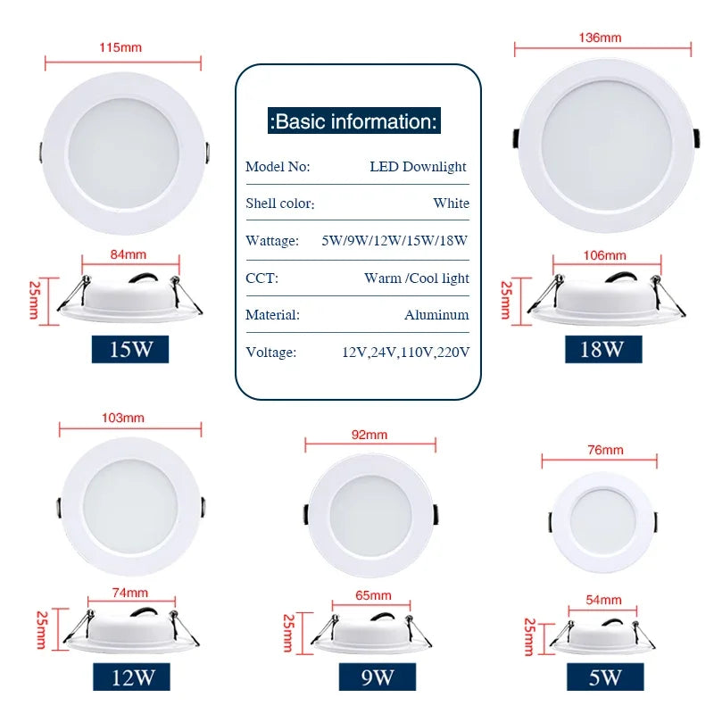 LED Recessed Downlight 5W 9W 12W 15W 18W Epistar DC12V DC24V AC110-220V 120° 2-Year