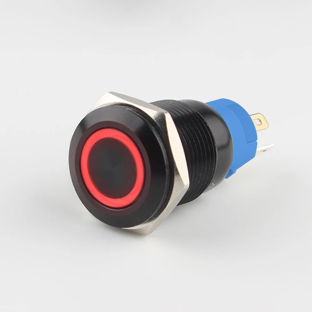 IP65 Waterproof Illuminated Metal Push Button Switch 16mm 19mm 22mm 3A Momentary or Latching LED 3-220V Black Aluminum Alloy 1NO1NC