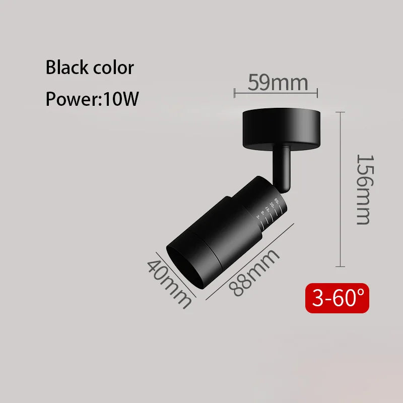 3°-60° Zoom LED Surface Mounted Spotlight Adjustable Beam Aluminum AC 90-260V 3-5m²