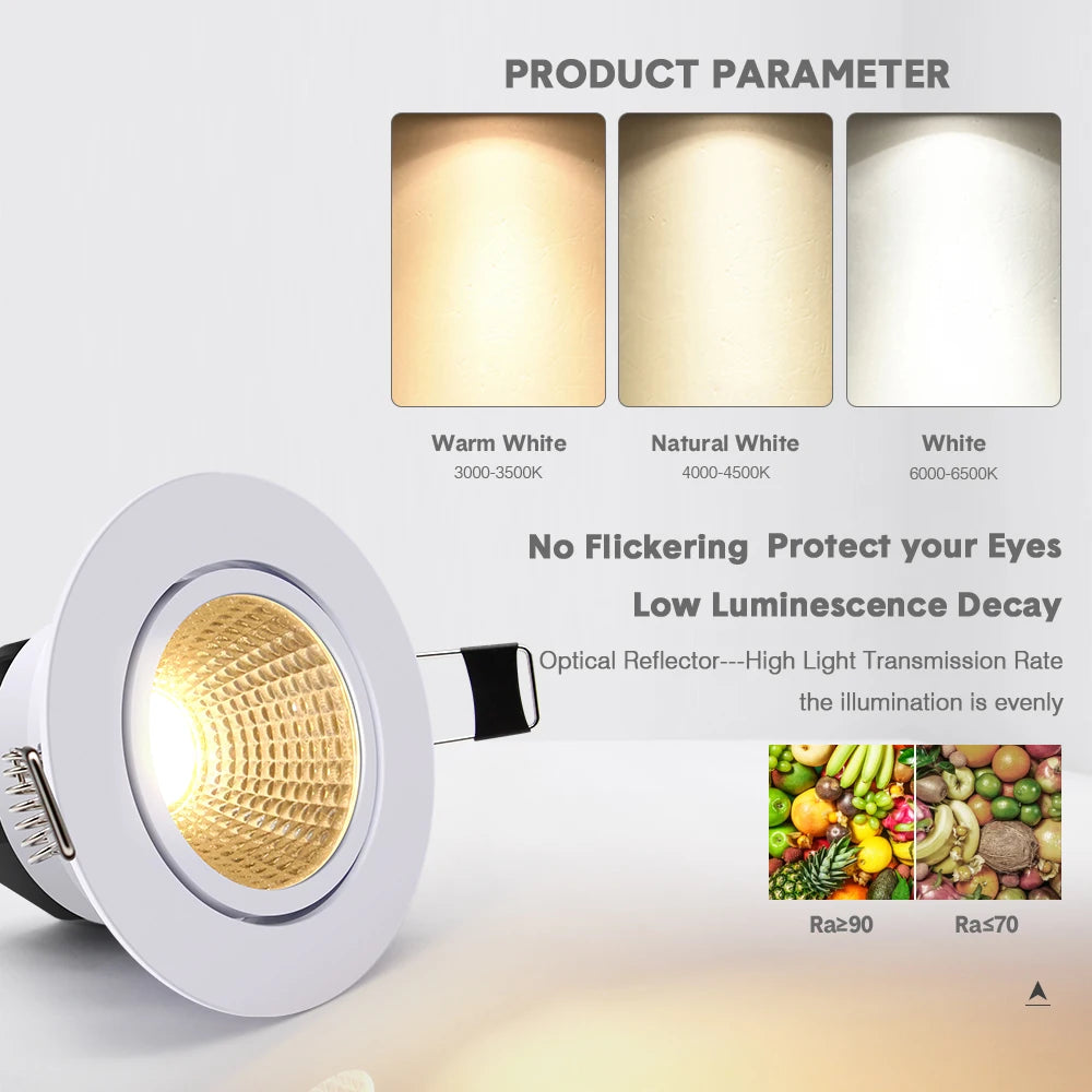 COB LED Recessed Dimmable Downlight 6W 9W 12W 15W CRI 90 105-110lm/W 25-45° AC 85-265V
