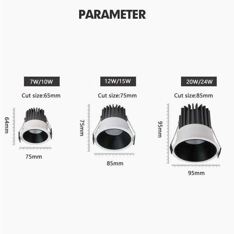 Dimmable COB LED Recessed Downlight 7W 10W 12W 15W 20W 24W Selectable Beam CRI 90+ 85-265V