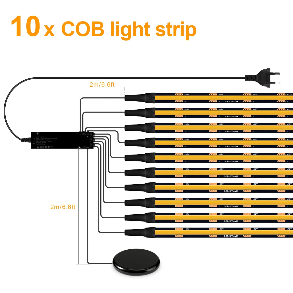 COB LED Strip Kit 8mm Black PCB 100-300cm Touch Dimmer Through-Wood AC 100-240V DC 12V