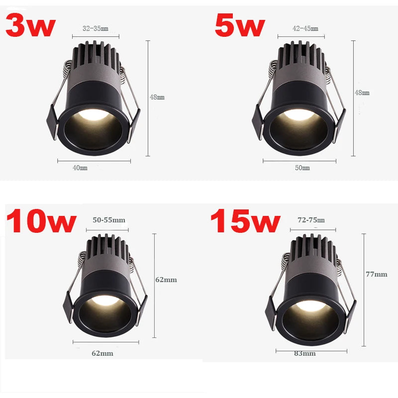 Mini Dimmable COB LED Recessed Downlight 5W 10W 15W 35mm 45mm Cutout AC 110-240V