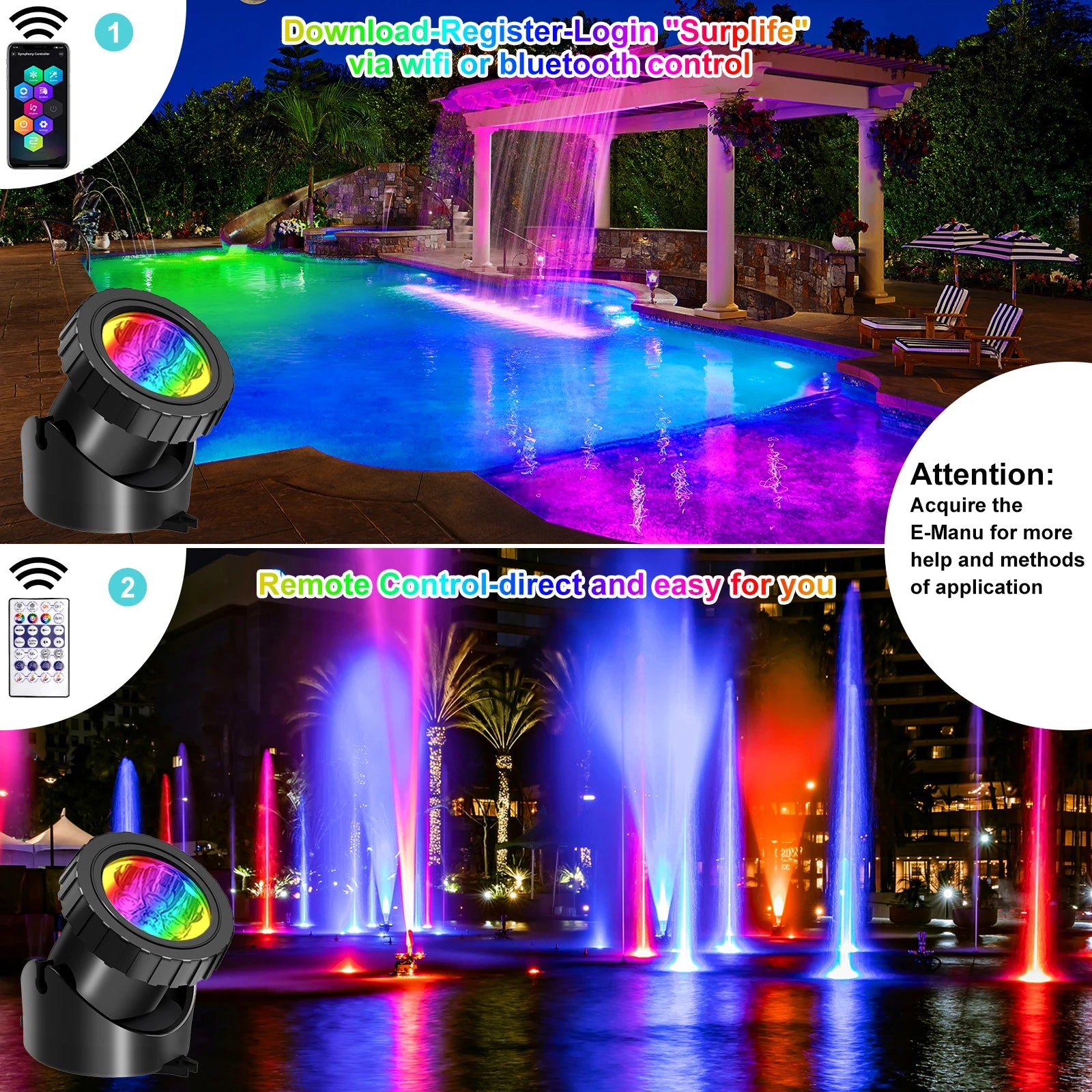 IP68 RGB LED Underwater Pond Spotlight 6 LED Beads 90 Degree Adjustable App and Remote Control 16 Million Colors ABS 5.5cm x 6cm Pond Garden