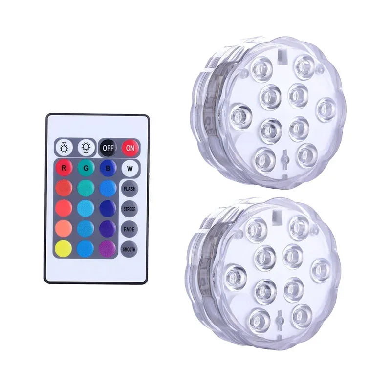 IP68 Submersible LED Pool Light 10 LED RGB 16 Colors Remote Control Battery Powered 2.4W Vase Fish Tank Pond Party 7x7x2.8cm