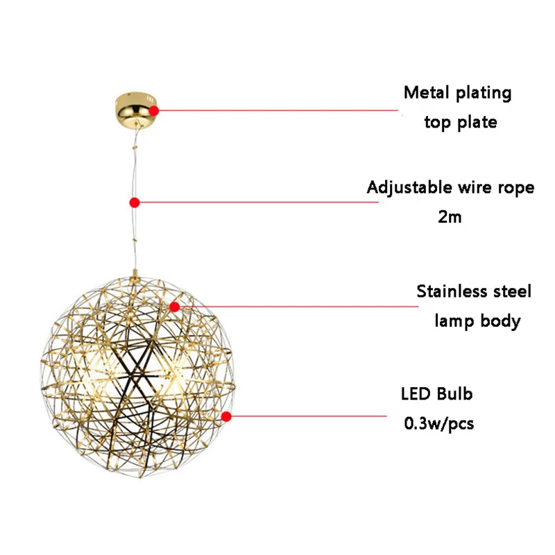 Modern Spark Ball LED Chandelier Stainless Steel Brushed 200cm Cable AC 110-240V 15-70m²