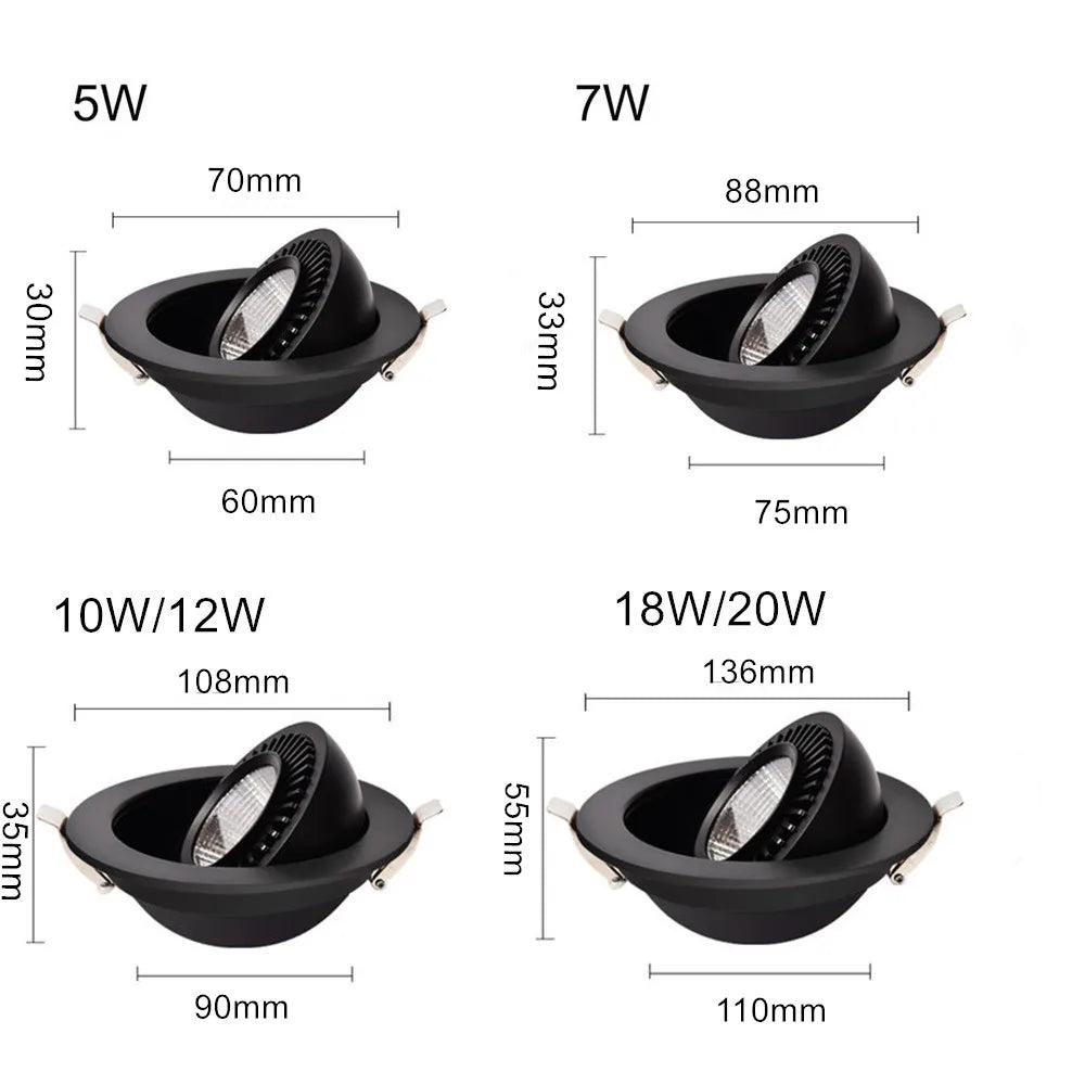Dimmable COB LED Recessed Downlight 360 Degree Rotating 5W 7W 9W 12W Aluminum Knob Switch AC 85-265V Indoor Ceiling Spot