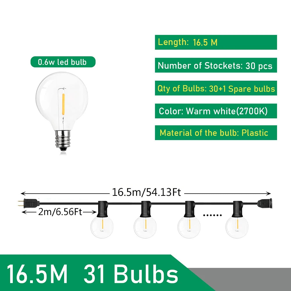 G40 LED Globe String Lights IP44 0.6W/Bulb 9m-26m Warm White 3000K AC 110V 220V Connectable
