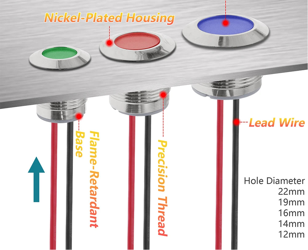 IP65 Waterproof Metal LED Indicator Pilot Light Copper 6mm 8mm 10mm 12mm 14mm 16mm 19mm 22mm 3V 12V 24V Signal Lamp Panel Mount