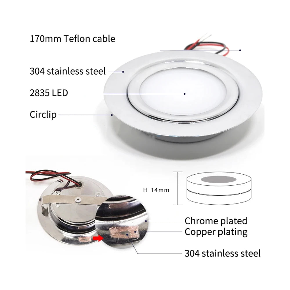 Ultra-Thin DC 12V 24V LED Recessed Spotlight 3W IP65 Waterproof 304 Stainless Steel 55mm