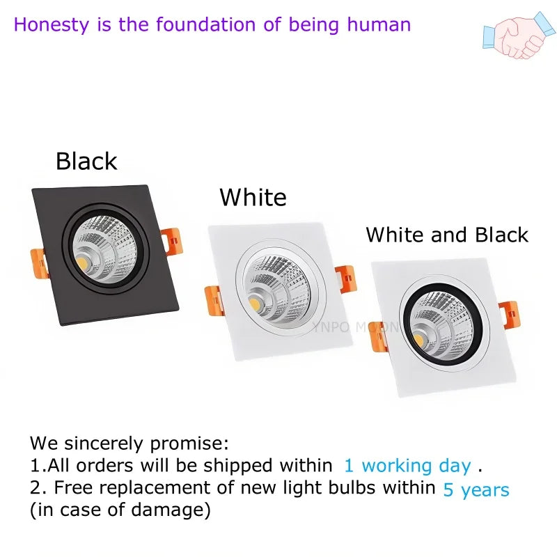 Dimmable Square COB LED Recessed Downlight 5W 7W 10W 12W 15W 20W Anti-Glare 85-265V