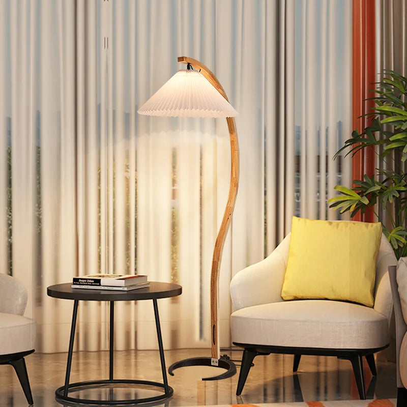 Nordic Solid Wood Pleated Fabric LED Floor Lamp E26 Dimmable Remote Control AC 90-260V D32 x H150cm Living Room Bedroom Study