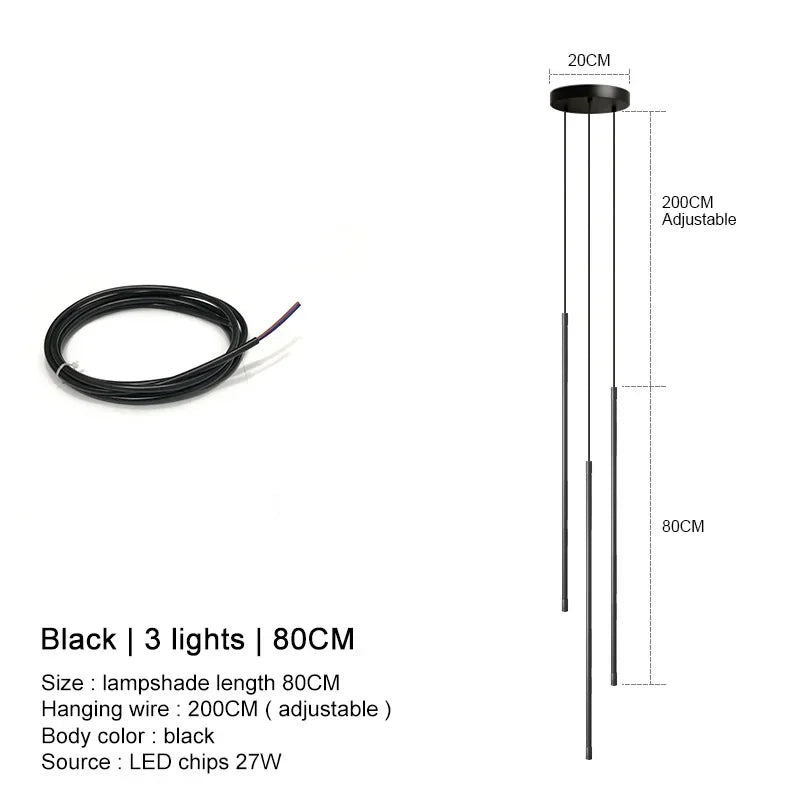Modern Linear LED Chandelier Pendant Light 3 Head Black Brushed Aluminum Adjustable Wire Dining Room Kitchen Island